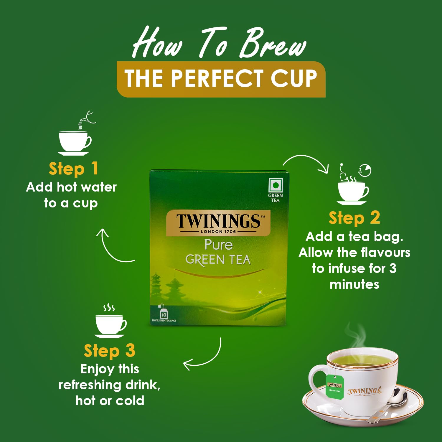 Twinings Pure Green Tea - 20gm, 0.7 Ounce, 10 Enveloped Tea Bags | Low Calorie Tea For Stress Relief & Sleep - Caffeine Free Herbal Infusion Tea