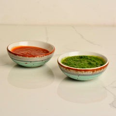 Studio Pottery Ceramic Green Carnival Round Shape Dip Bowls Set Of 2 - 50ml Each | Mini Bowls, Ketchup Bowls - Chutney, Sauce, Pickle Bowls