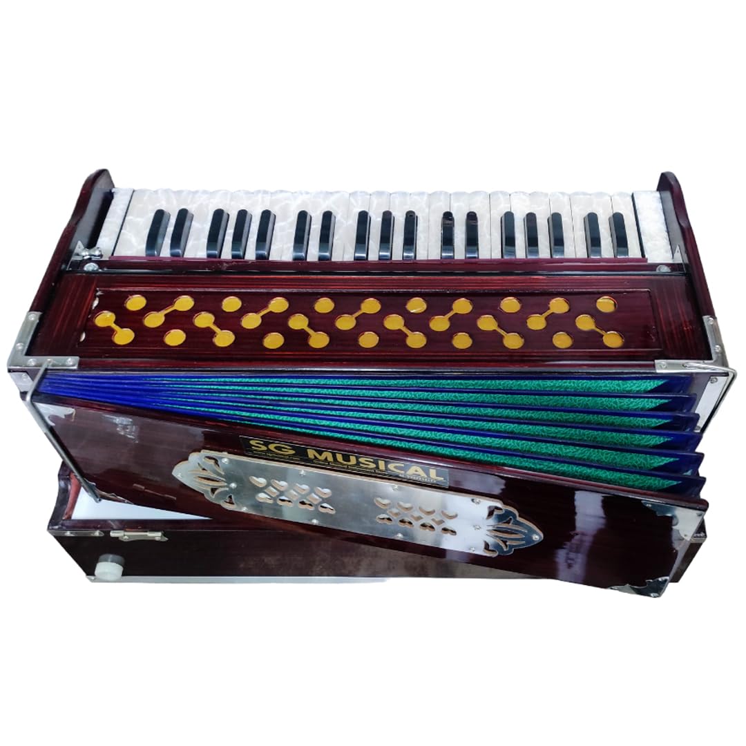 Folding Portable Harmonium Coupler With Padded Bag - 42 Keys, 3.5 Octaves, 9 Stopper (5 Stops + 4 Drones), Two Reeds (Base- Male) - Tuning A440 Hz Pitch