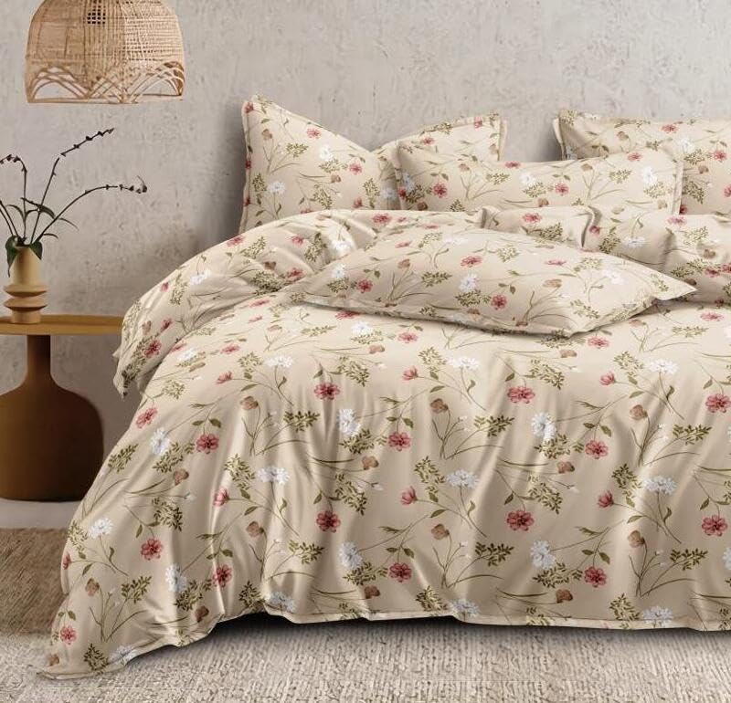 Double Bedsheet For King Size With 2 Matching Pillow Covers - 108 X 108 Inches, Beige | Glace Cotton Printed Bedsheet Lightweight, Soft & Smooth - Ideal For Home, Guest House