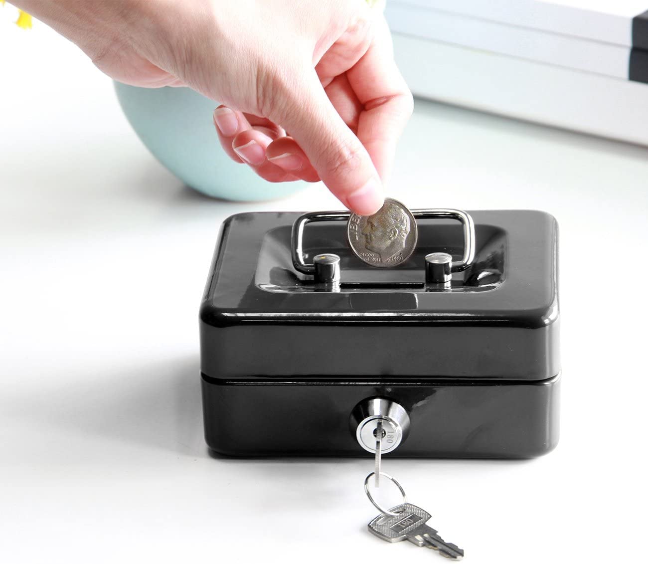 Mini Cash Box With Money Tray, Lock Box With Key, Small Safe For Kids 5.00"X 3.30"X 2.15" Color - Black, Material - Alloy Steel
