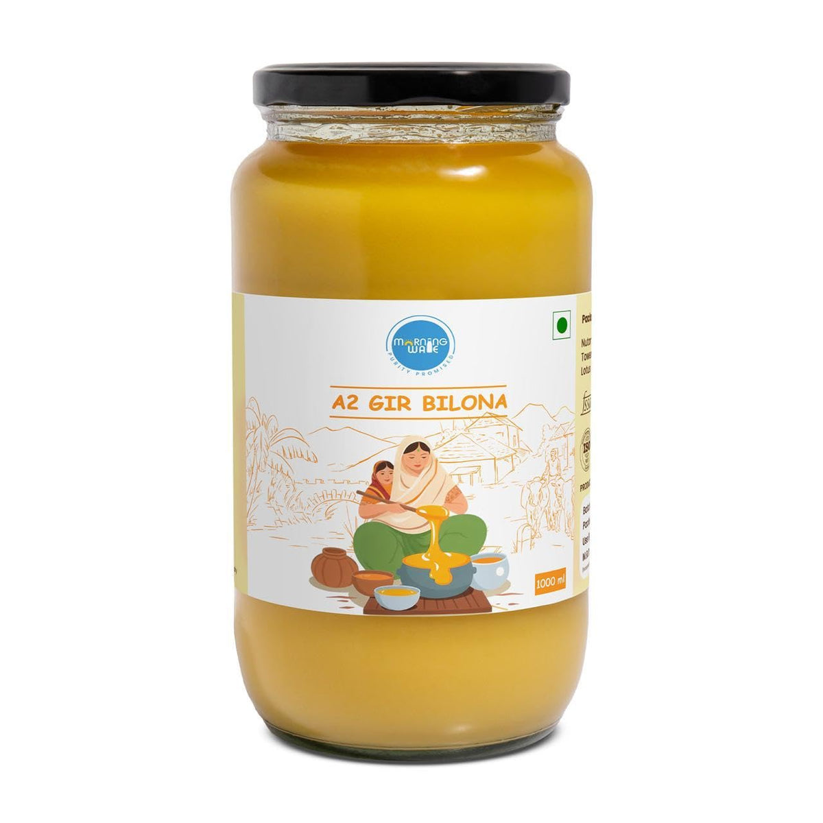 Premium A2 Gir Cow Bilona Ghee By Morning Wale | Vedic Bilona Traditional Curd Churned Desi Cow Ghee Perfect For Bones Health | ( 1 Litre) 33.8 Ounce | Jar Pack