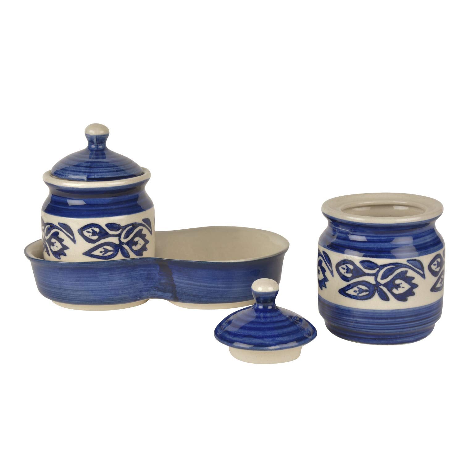 Ceramic Pickle Serving Jar Set With Tray Set Of 2 - 200ml Each, Blue & White | Condiment Set - Pickle Jar Set For Dining Table | Masala Container