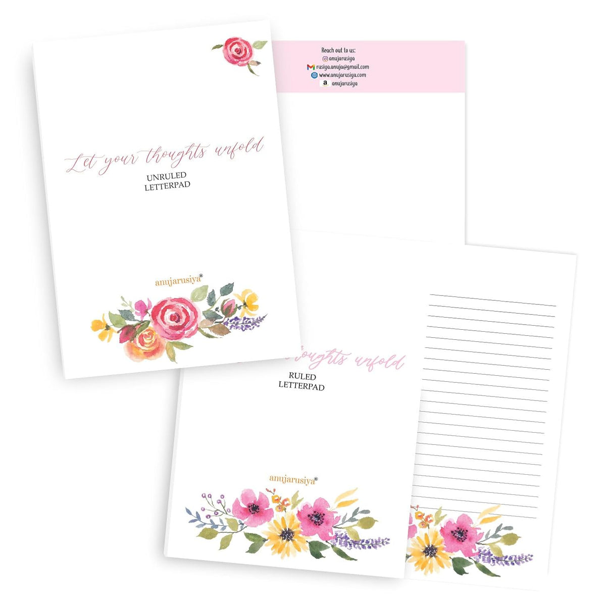Floral Letter Pad, A5 Writing Paper, 20 Ruled + 20 Plain Sheets, Natural Shade Bond Paper