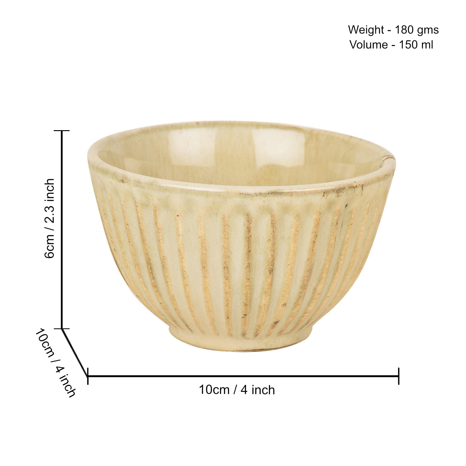 Ribbed Ceramic Dinner Serving Bowls Set Of 4 - Ivory, 150ml Each | Vegetable & Dessert Serving Bowls - Ceramic Salad Bowls