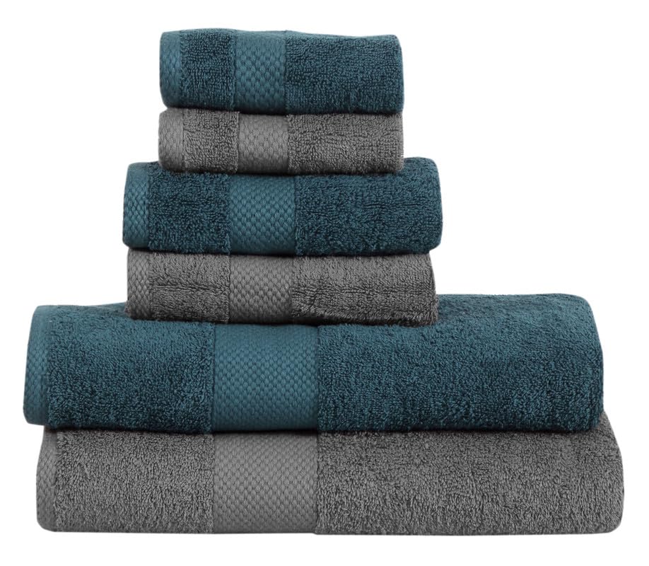 Fash Home International Micro Twist Towel 1800 Gsm Combo - 2 Bath + 2 Hand + 2 Face Towel (Peacock Blue & Charcoal Grey) - 6 Pcs