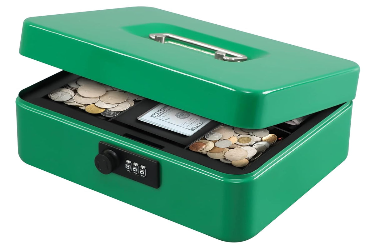Large Cash Box With Combination Lock Safe Metal Money Box With Money Tray For Security Lock Box 9.84"X 7.87"X 3.54" Colour - Green