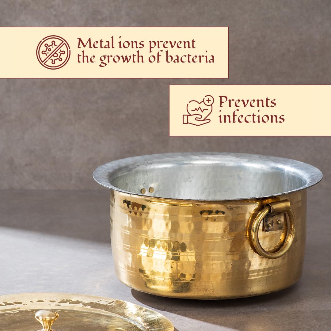 Brass Patila For Cooking | 100% Pure Brass Round Heavy Bottom | Tapeli - Patila - Bhagona | Golden Brass Handi (1 Liter), Hammered, Polished Cooking Pot | Antique Utensils