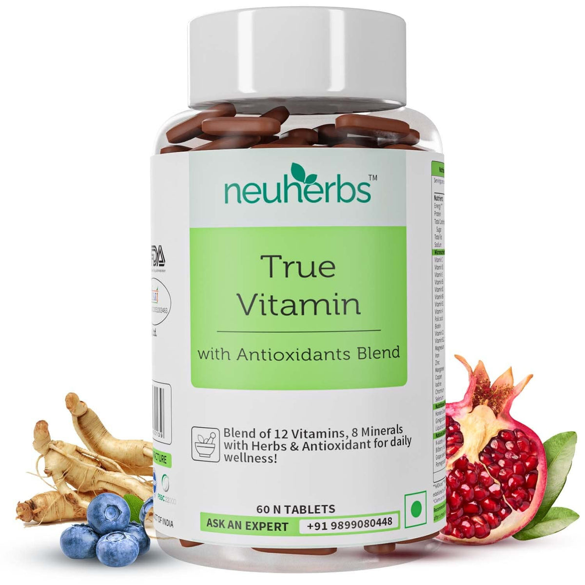 Neuherbs Multivitamin True Vitamin For Men & Women With Antioxidant & Herbs Blend Vitamin C, D3, Zinc, Vitamin, Ginseng Extract For Energy, Stamina & Immunity | 60 Tablets , 100gm 0.2lbs