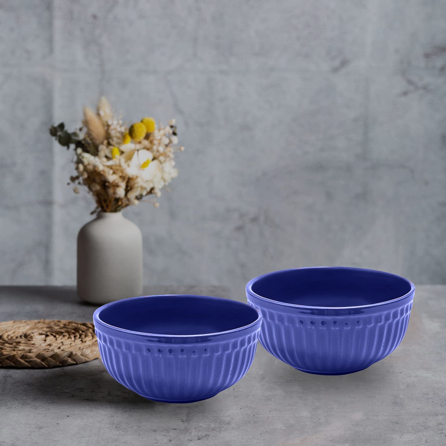 Ceramic “Strip” Handcrafted Multipurpose Serving Bowl Katoris Set Of 2 - 450ml Each, Royal Blue | Cereal Bowl, Soup Bowl, Salad Bowl - Dishwasher & Microwave Safe