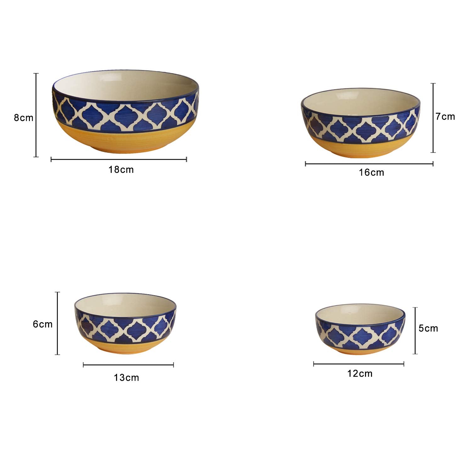 Studio Pottery Hand Painted Dinner Serving Bowl Set Of 4 - 1200ml, 650ml, 450ml & 250ml, Blue & Yellow | Dinner Serving Donga Set - Stackable Kitchen Bowl Set