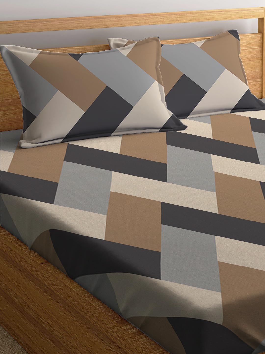 Elastic Fitted Printed Queen Size Double Bed Bedsheet With 2 Pillow Covers | 60 X 78 X 10 Inches, Brown & Grey | Super Soft Premium Brushed Glace Cotton Material