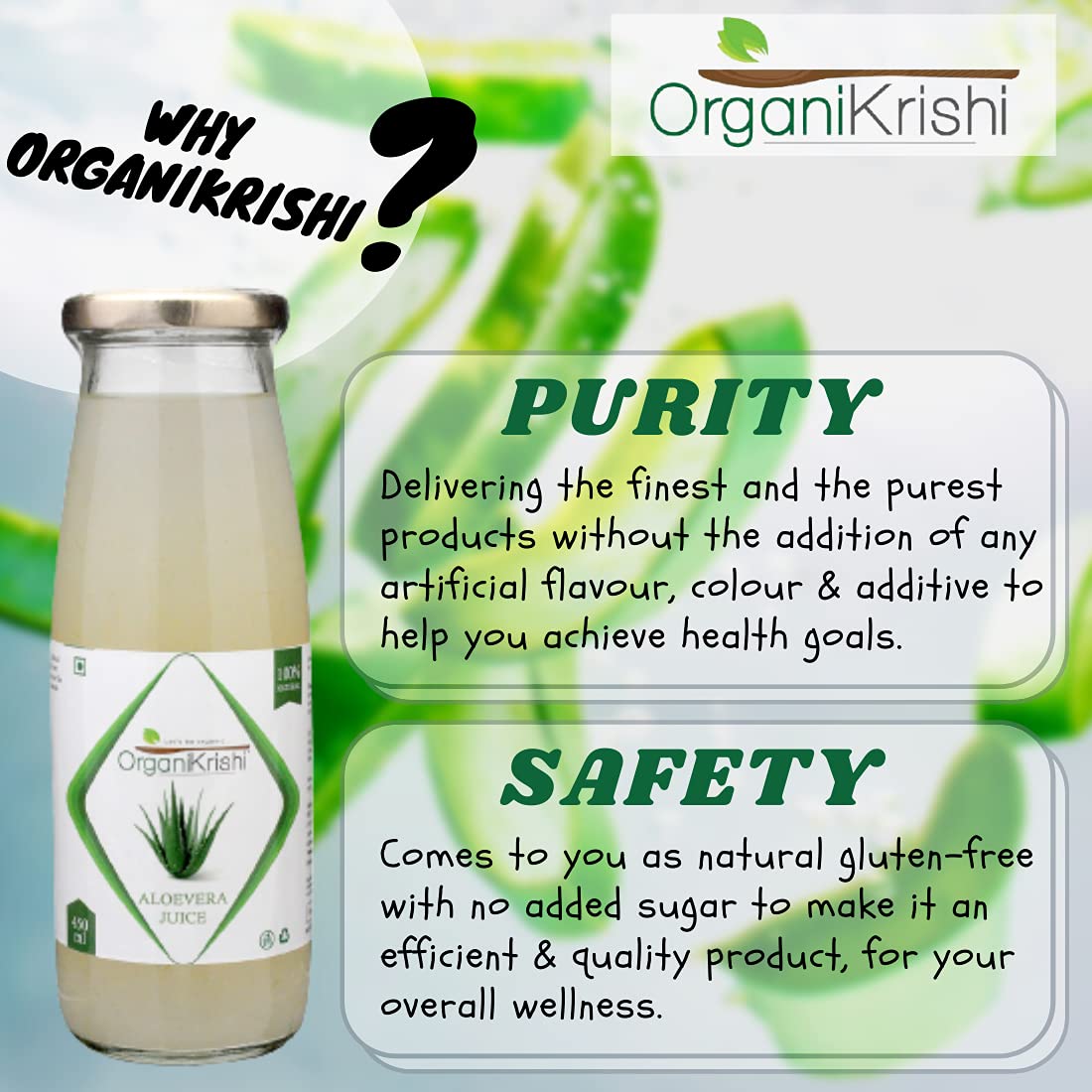 Organikrishi Aloe Vera Juice With Pulp In Glass Bottle, Barbadensis Miller Variety, No Added Sugar | 450ml 0.9lbs