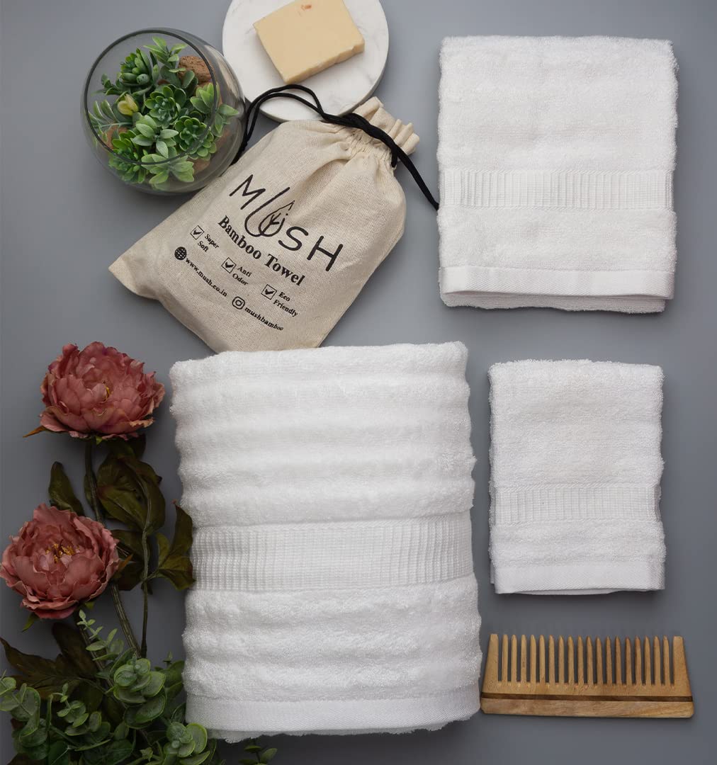 Mush Bamboo Luxurious Bath + Hand & Face Towel 900 Gsm | Ultra Soft, Absorbent & Antimicrobial Towel (White) -3 Piece