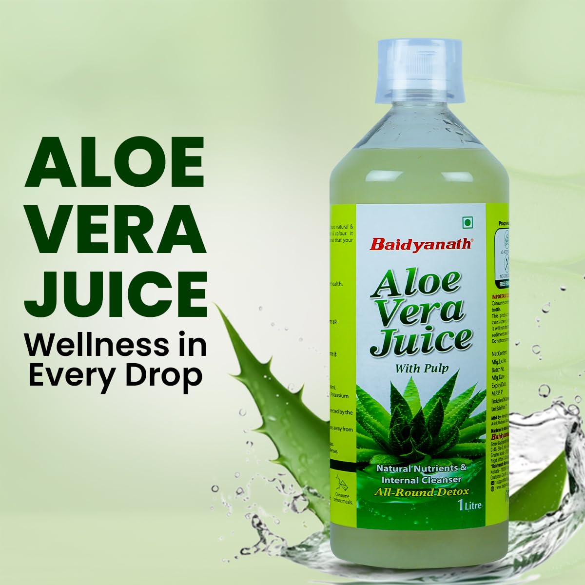 Baidyanath Aloe Vera Juice With Pulp, No Added Sugar Source Of Natural Nutrients, Boosts Immunity & Digestion | 1000ml 2.2lbs