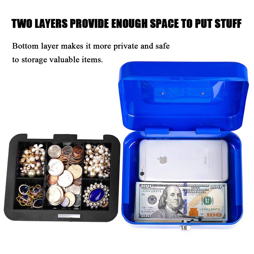 Locking Medium Steel Cash Box With Money Tray, Lock Box, Colour - Blue, Material - Alloy Steel, Special Feature