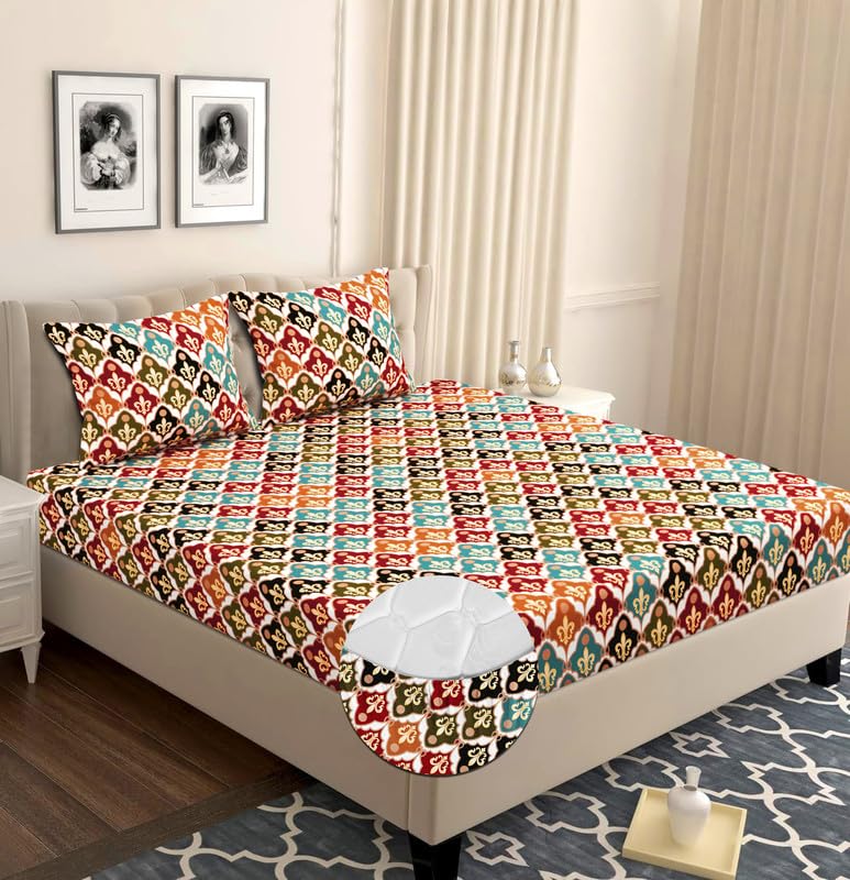 Cotton Elastic Fitted Bedsheets With 2 Pillow Covers Double Bed All Around Elastic | 72 X 78 +10 Inches, Multicolor - Breathable & Skin-Friendly Bedsheet