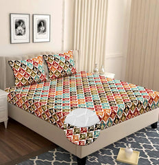 Cotton Elastic Fitted Bedsheets With 2 Pillow Covers Double Bed All Around Elastic | 72 X 78 +10 Inches, Multicolor - Breathable & Skin-Friendly Bedsheet