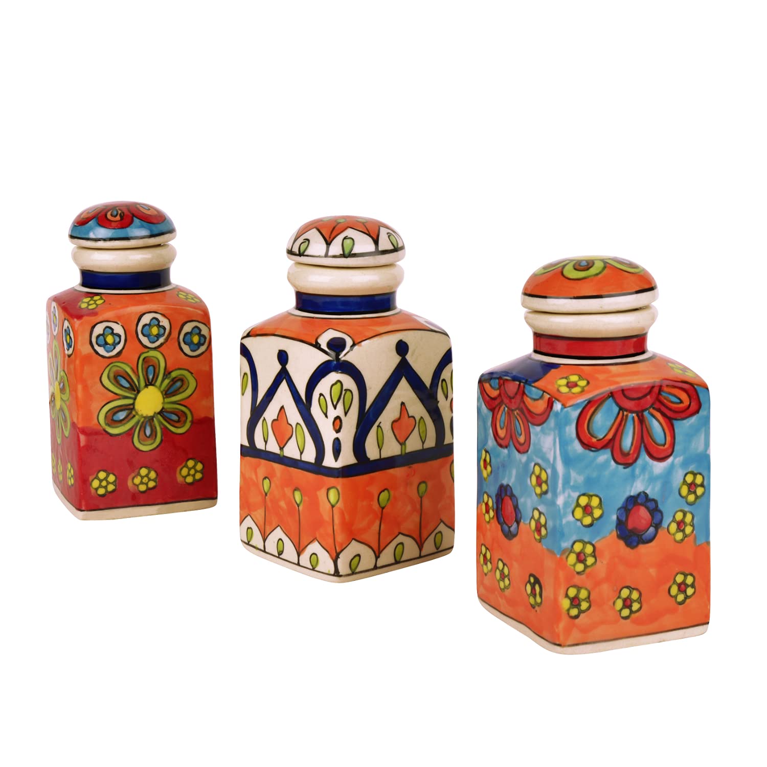 Hand Painted Ceramic Spice Jars With Air Tight Lid Set Of 3 - Multicolor, 250ml Each | Condiment Set - Masala Containers, Kitchen Storage