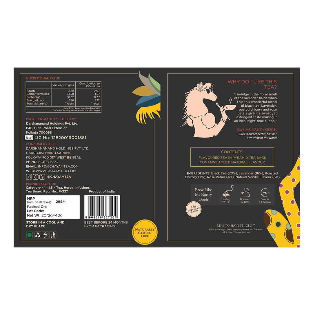 Chayam Sweet Lavender Vanilla Tea - 20 Pyramid Tea Bags | Blended With Lavender, Roasted Chicory, Vanilla & Rose Petals - Make Iced Or Hot Tea | Low Caffeine, Gluten Free, No Added Sugar