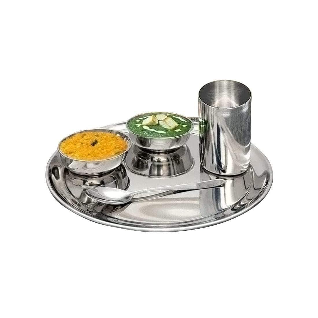 High Grade Stainless Steel Premium Thali Set Of 5 Pieces, Silver | 1 Thali+ 2 Bowls+ 1 Glass+ 1 Dinner Spoon - Easy To Clean & Dishwasher Friendly