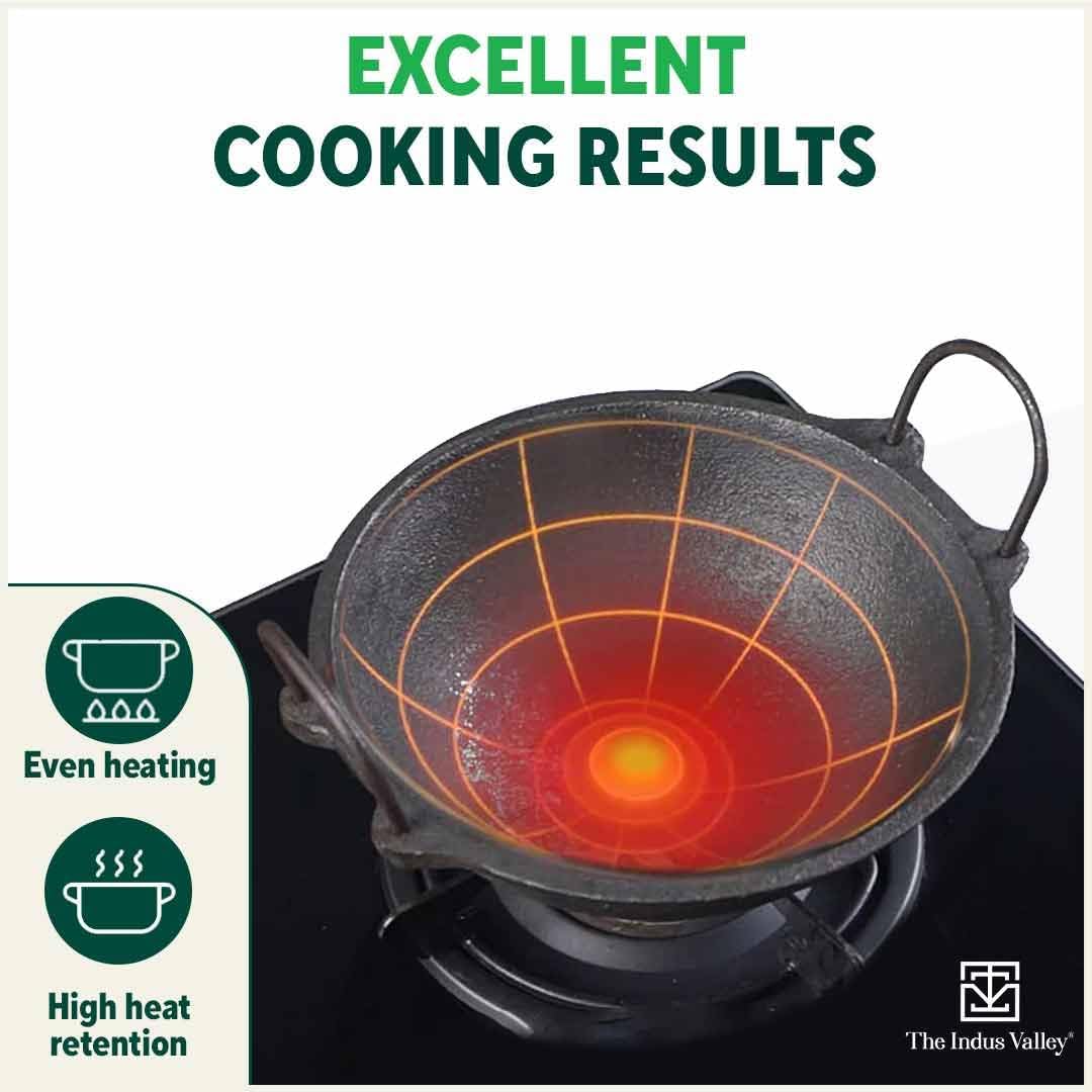 Pre-Seasoned Black Cast Iron Kadai With Saute - Small, 24 Cm, 9.4 Inch, 2 Liters, 2.8 Kg | Naturally Nonstick Kadhai, 100% Pure & Toxin-Free, No Chemical Coating