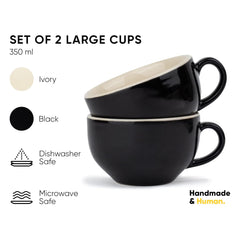 Large Ceramic Coffee Cup Set Of 2 - Black, 350ml Each | Cappuccino Cup With Glossy Finish - Large Ceramic Coffee Cup | Premium Stoneware Coffee Cup - Microwave Safe, XL Cuppa