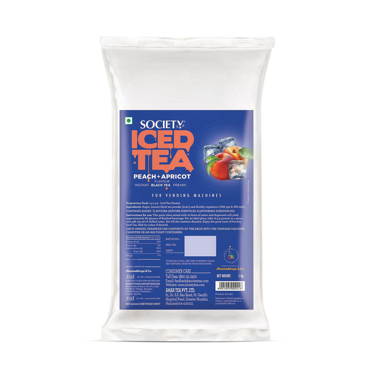 Society Instant Premix Iced Tea - 1 Kg, 35.2 Ounce | Peach & Apricot Flavor With Black Tea - Refreshing & Tasty Tea For Vending Machines | Low Caffeine