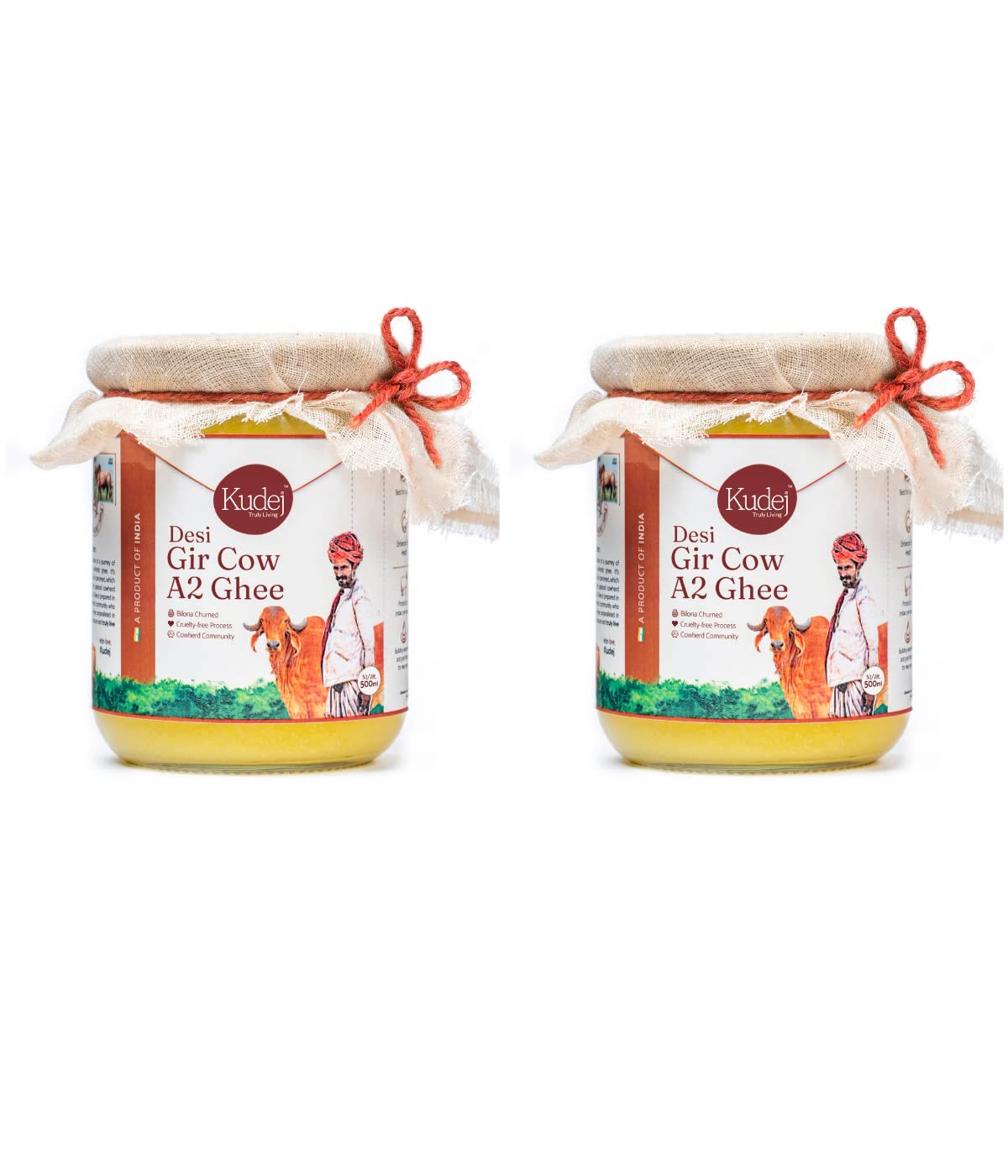Premium Gir Cow A2 Ghee By Kudej | High In Vitamins A, D & Healthy Bilona Method Desi Ghee Good For Glowing Skin | 1 Litre (500ml * 2) 33.8 Ounce | Jar Pack