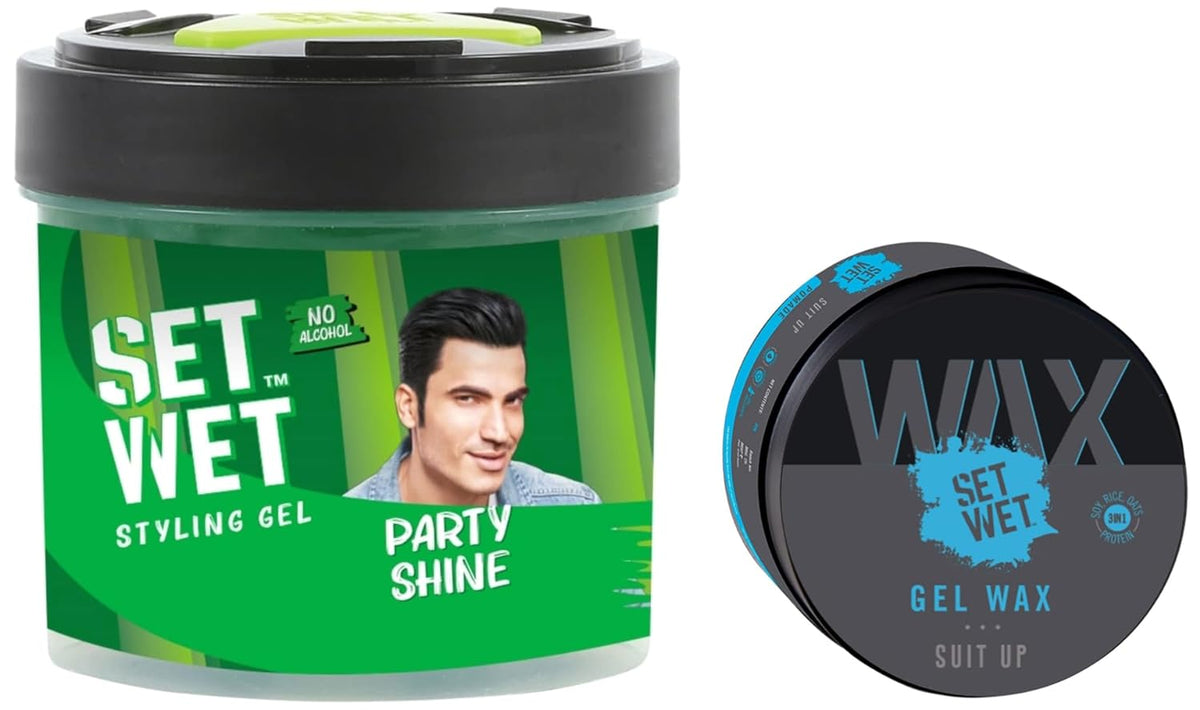 Set Wet Hair Wax Gel Wax 60gm 2.1 Oz. & Set Wet Styling Hair Gel Party Shine , 250gm 8.8 Oz.