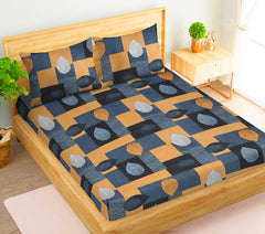 Double Bedsheets With 2 Pillow Covers - Size 90 X 90 Inches, Grey & Golden | King Size Bed With All Around Elastic Super Soft Breathable