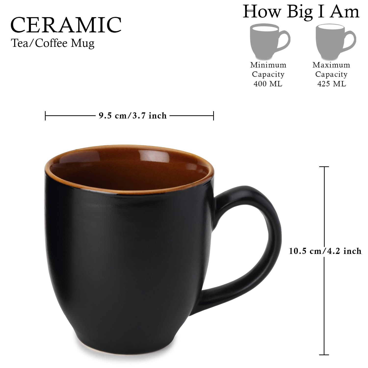 Ceramic Tea & Coffee Serving Mug Set Of 1 - Large, 400ml, Black | Ideal For Latte, Cappuccino, Green Tea, Hot Chocolate & Milk - Microwave & Dishwasher Safe | Matte & Glossy Finish