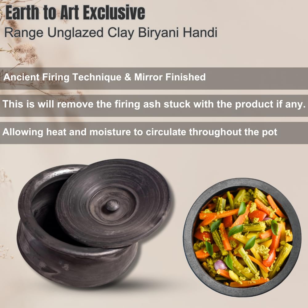 Exclusive Range Unglazed Earthen Clay Pot With Lid | Biryani Handi - Clay Kadai With Natural Firing Shade & Mirror Shine 3 Liters, Black