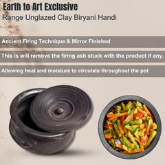 Exclusive Range Unglazed Earthen Clay Pot With Lid | Biryani Handi - Clay Kadai With Natural Firing Shade & Mirror Shine 2 Liters, Black