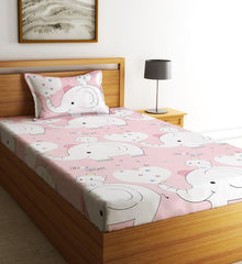 Single Bedsheet With One Matching Pillow Cover - 55 X 90 Inches, Baby Pink | Microfiber Kids Elephant & Kitty Bedsheet | Normal Hand Wash Or Machine Wash