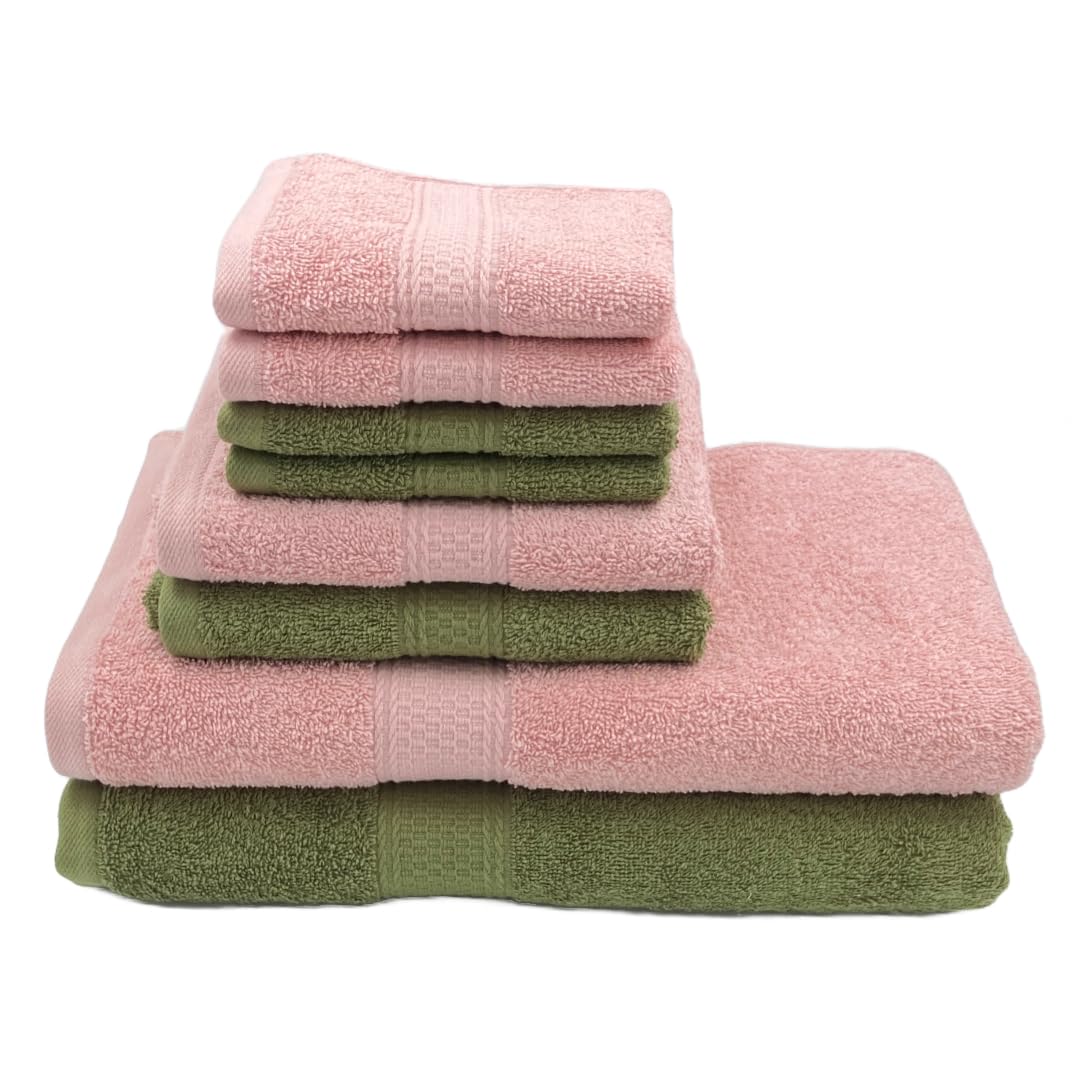 Patpug 100% Indian Cotton Plush Towel Set 2000 Gsm | Highly Absorbent, Fade Resistant, Quick Drying 2 Bath, 2 Hand & 4 Face Towel (Olive Green & Baby Pink) - 8 Piece