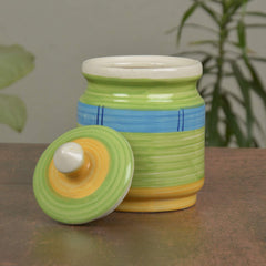 Hand Painted Ceramic Jar (Burni) Set With Lid Set Of 2 - 500ml Each, Green & Blue | Dahi Handi - Serving Pot - Biryani Handi