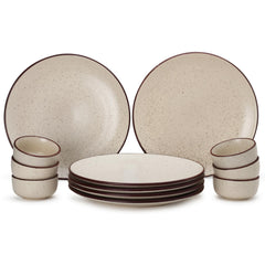 Hand Painted Ceramic Dinner Set Of 12 Pieces Dinnerware Set - Beige Speckled | Set Of 6 Dinner Plates + 6 Dinner Katori, 170ml Each - Microwave & Dishwasher Safe