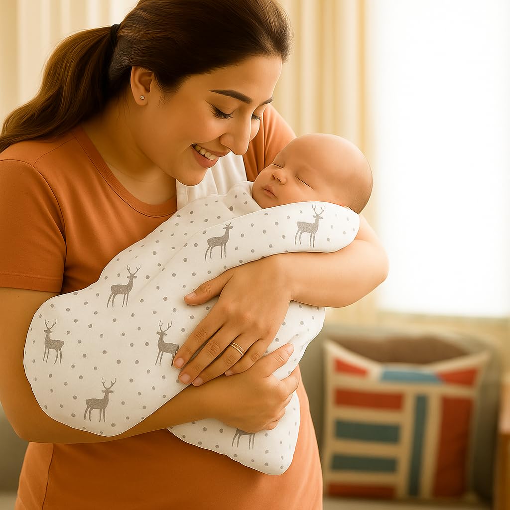 Organic Cotton Muslin Baby Bath Towel 200 Gsm | Cotton Cloth Premium Baby Washable Reusable, Absorbent, Extra Soft Deer & Triangle (White)- Pack Of 2