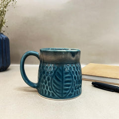 Teal Green Leaf Embossed Ceramic Coffee Mug Set Of 2 Pieces - 350ml Each | Studio Pottery Ceramic Mugs For Coffee, Tea, Milk - Microwave Safe & Leak Proof