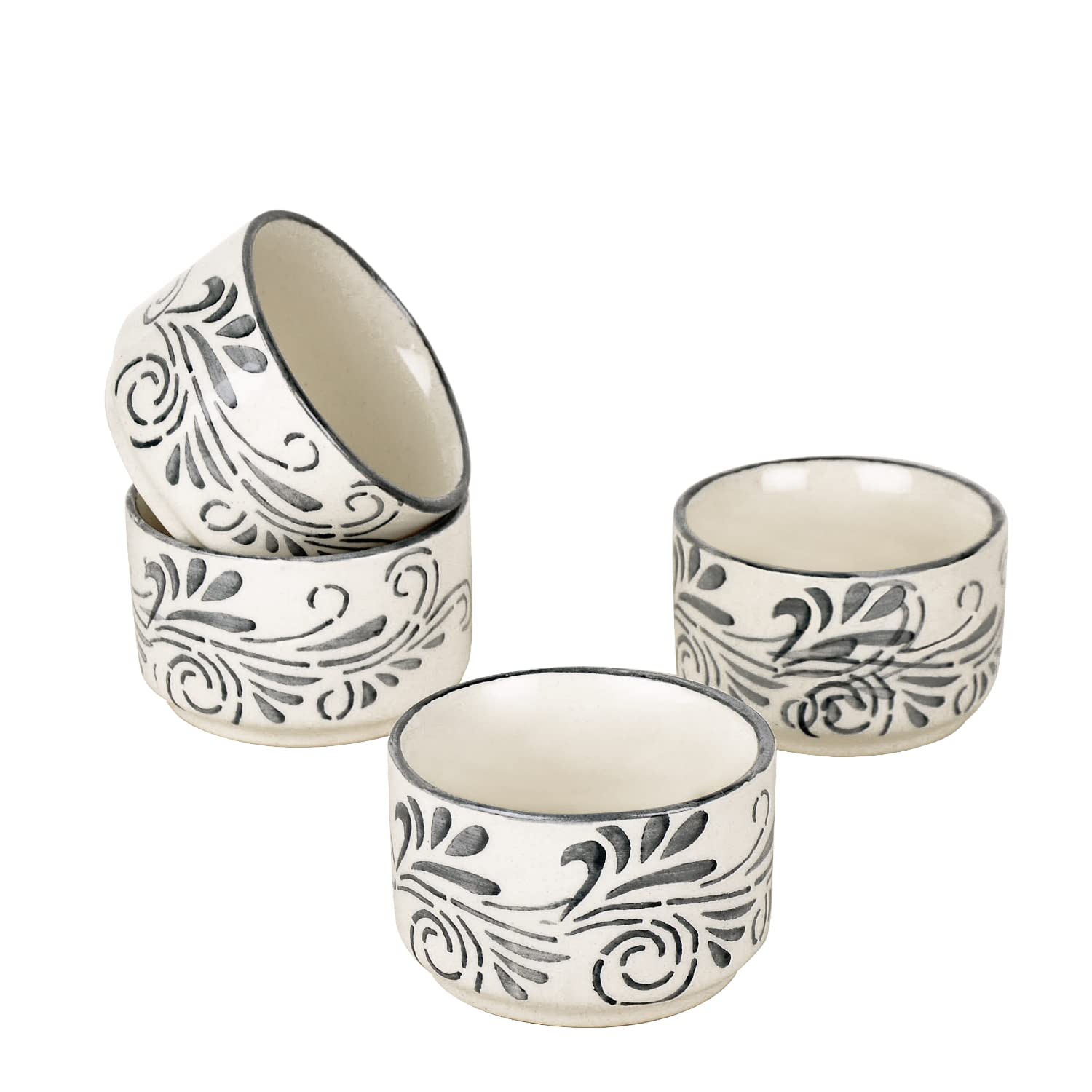Hand Painted Ceramic Dip Bowls Set Of 4 - 50ml Each, Grey & Off White | Chutney Bowls - Ketchup Bowls
