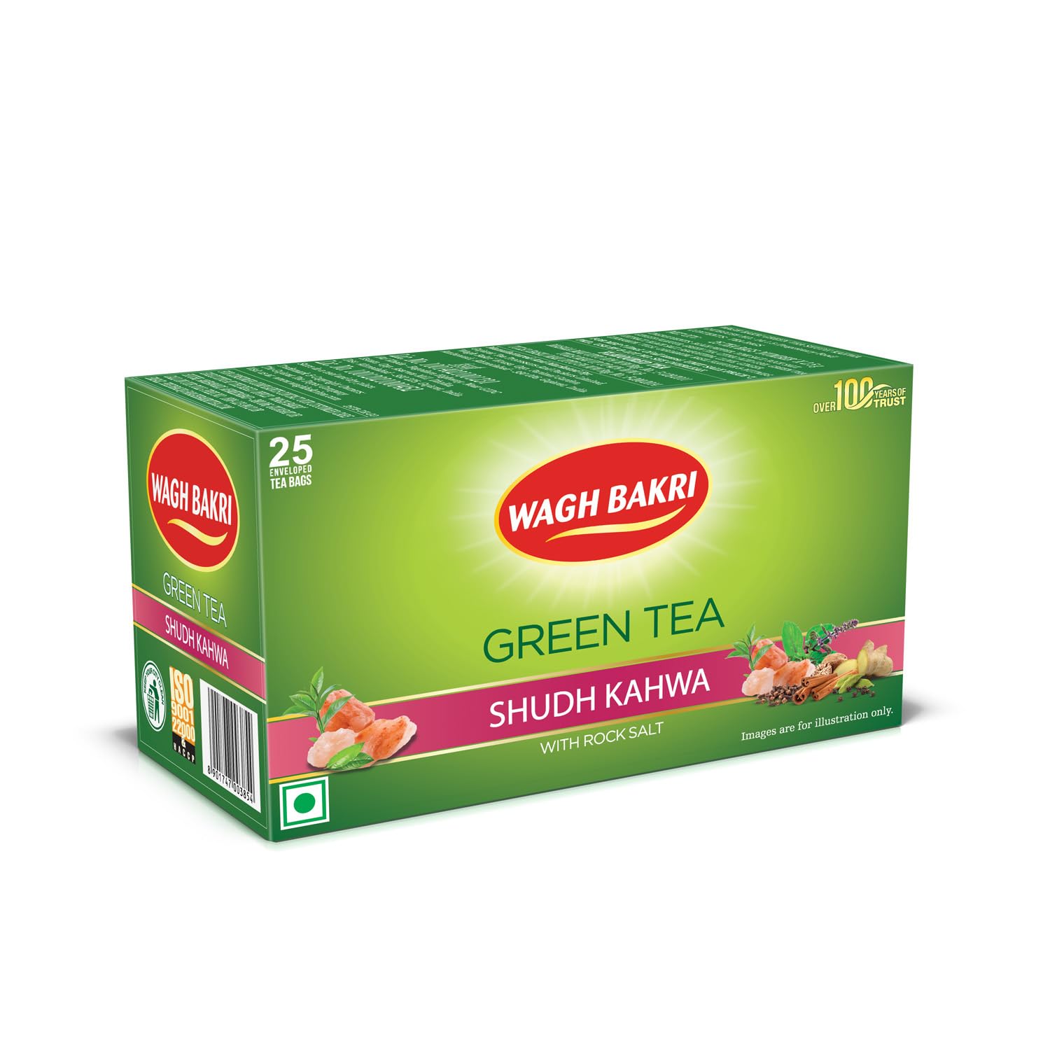 Wagh Bakri Shudh Kahwa Green Tea With Rock Salt - 25 Enveloped Tea Bags | Naturally Rich In Antioxidants - Caffeine Free