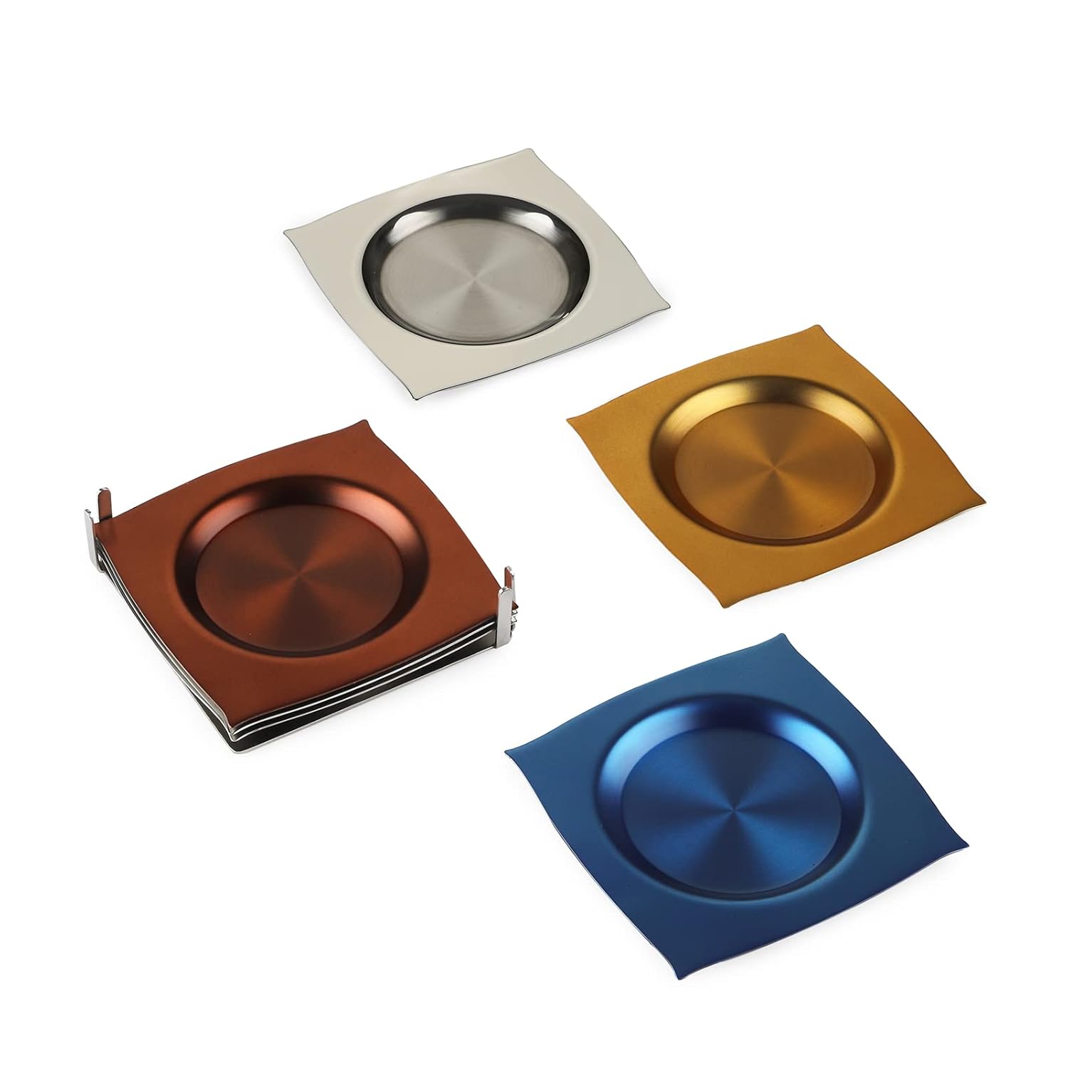 Multicolor Stainless Steel Coaster Set Of 6 - Aladdin Series | Premium Stainless Steel Coasters With Stand - Drink Beverage Wine Glasses Pad, Table Top Protector