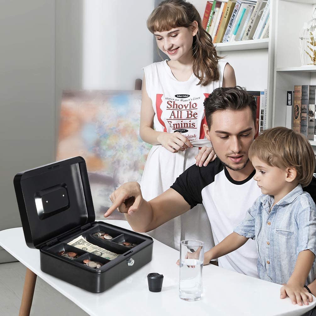 Steel Cash Box With Key Lock A Reliable Metal Money Organizer With Removable Tray & Lockable Cover 10 -Inch, Material - Metal, Colour - Black