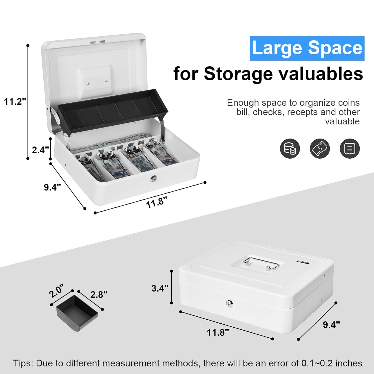 Cash Box With Lock & 2 Keys, Metal Money Box With Cash Tray, Portable Lock Safe Box, 4 Bill, 5 Coin Slots, Large Cash Boxes With Money Tray For Small Business 11.8 X 9.5 X 3.5 Inch, Colour - White
