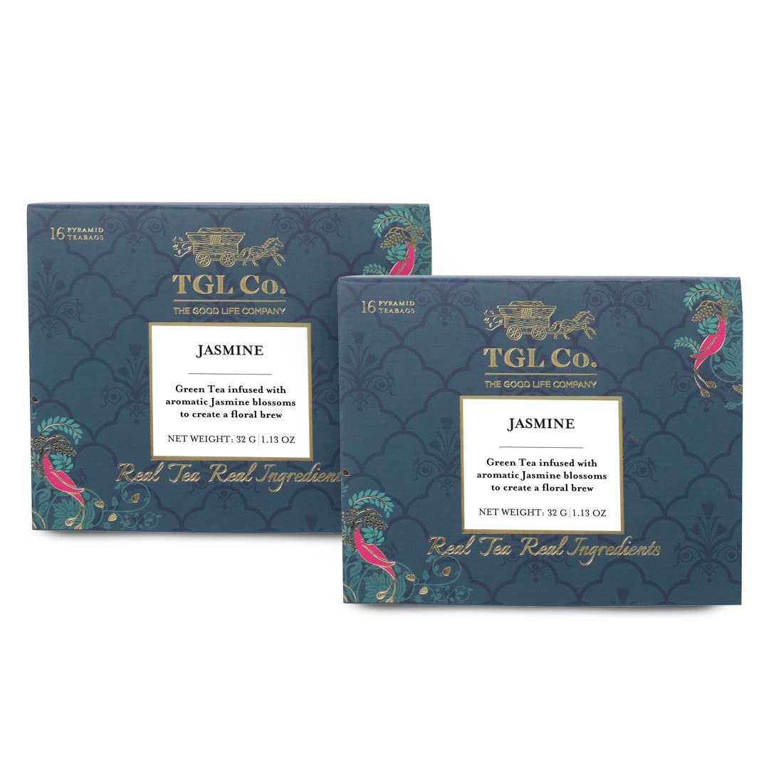 TGL Co. Jasmine Green Tea - Pack Of 2 X 16 Pyramid Tea Bags, 64gm, 2.2 Ounce | Rich In Anti Oxidant, Improve Digestion - Medium Caffeine, No Artificial Flavor