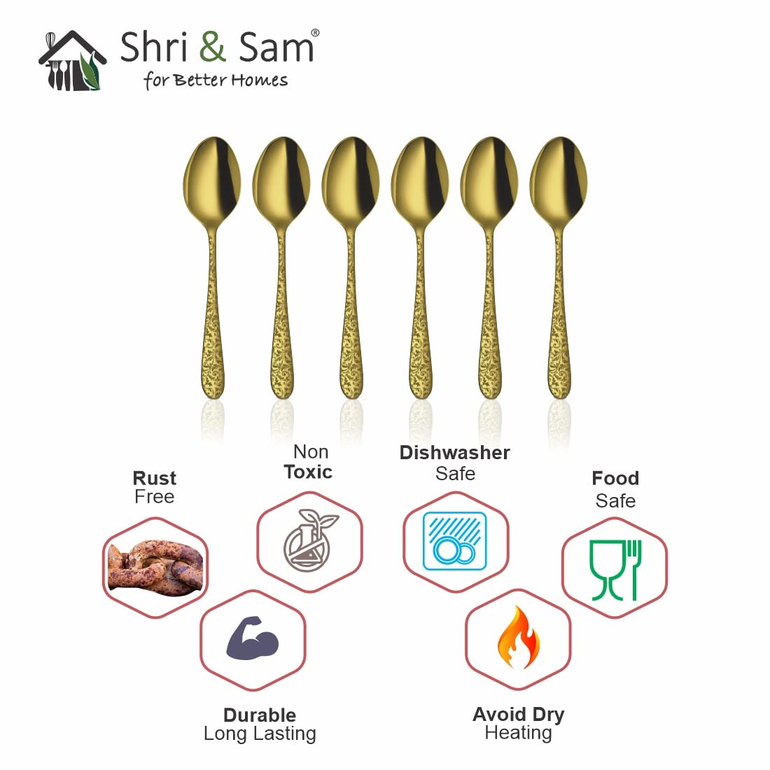 Stainless Steel Jasmine With Gold PVD Coating & Laser Baby Spoon Set Of 6 Pieces | Easy To Clean & Dishwasher Safe