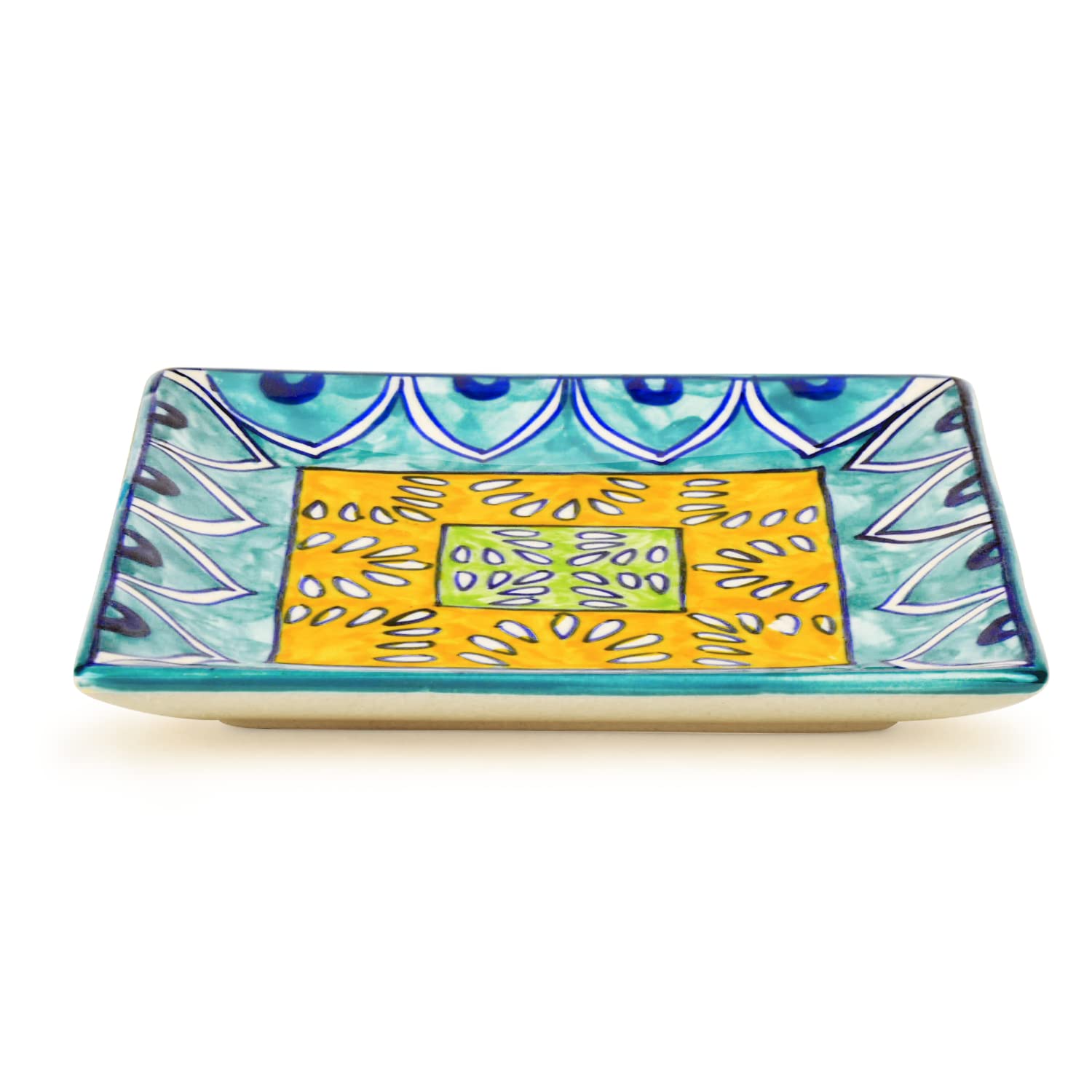 Premium Hand Painted In Traditional Design Ceramic Square Platter - Blue & Yellow, L X B – 18 Cm X 18 Cm | Starter Serving Tray