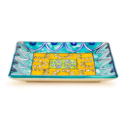 Premium Hand Painted In Traditional Design Ceramic Square Platter - Blue & Yellow, L X B – 18 Cm X 18 Cm | Starter Serving Tray