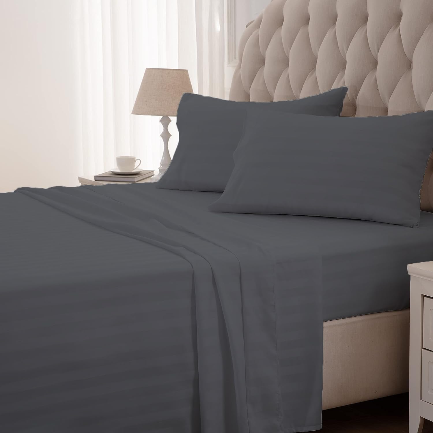 Striped Cotton Queen Size Fitted Bedsheet With 2 Pillow Covers - 60 X 80 + 12 Inches, Dark Grey | Soft & Durable | Perfect For All Seasons, Especially Summer